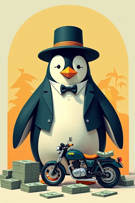 Jewish penguin conic style with piles of dollars and one motorbike