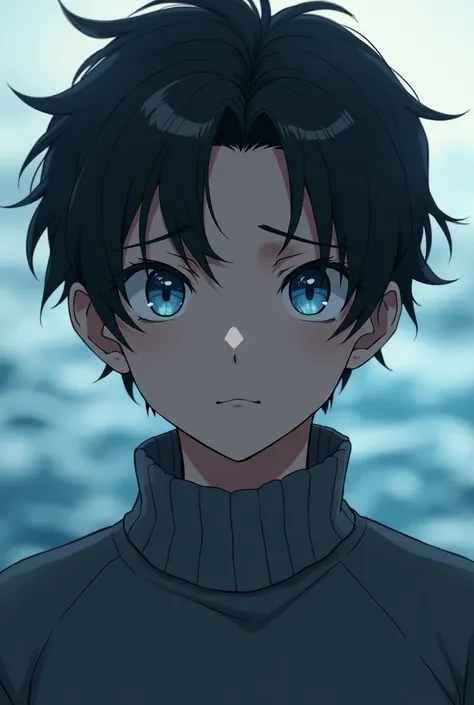  male but young anime character , blue eyes like the sea with dark circles ,  disheveled and wavy black hair with small gray locks, Look would be and tired , human,  son of Poseidon, sweater gris o negro 