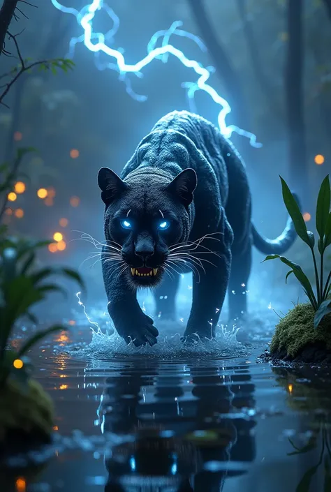 "A terrifying hybrid of a Black Panther and an Electric Eel, rendered in ultra-HD, hyper-realistic 128K quality with HDR effects. The hybrid has the sleek, muscular body of a Black Panther, but its fur is interwoven with glowing, eel-like scales that emit ...