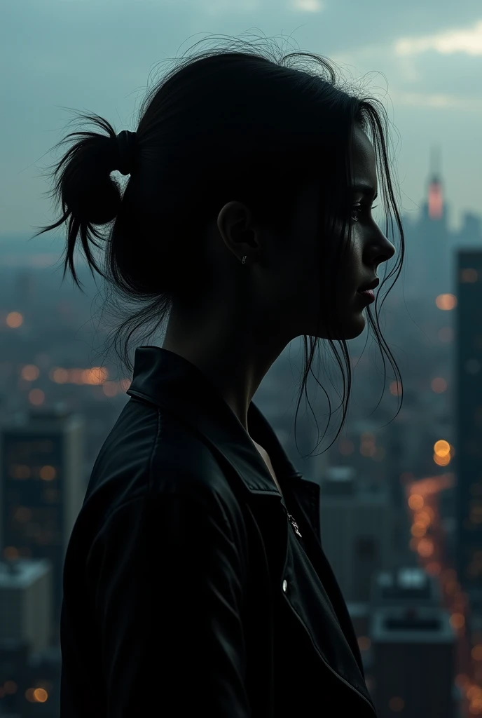 The shadow of a girl, the hair a little long and untidy., with a New York City landscape 