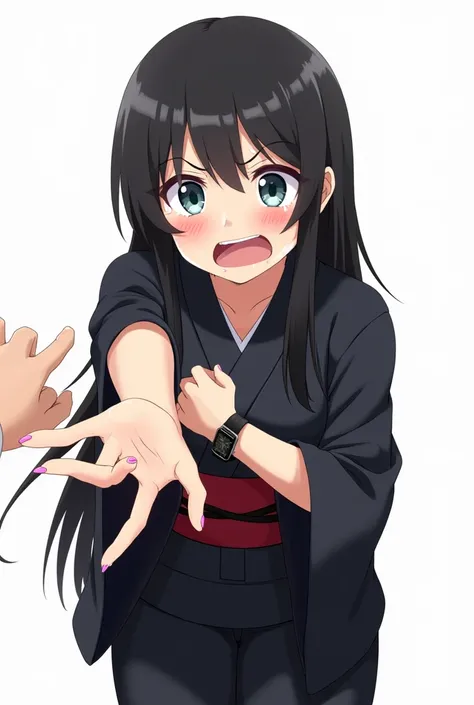 Anime girl with black yukata and flowers worried and with a white background and full body and with pink nails and a black watch with her fists in and squeezes her chest both hands tightly with an emotion of nervousness and with an expression of concern an...