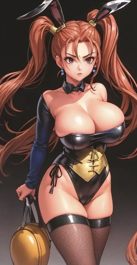 Big breasted, shoulder-length, twin-tailed Jessica with big breasts and beautiful legs is standing with the bandit men in a high-leg bunny suit and fishnet tights。Shes not wearing any arms 。High image quality。