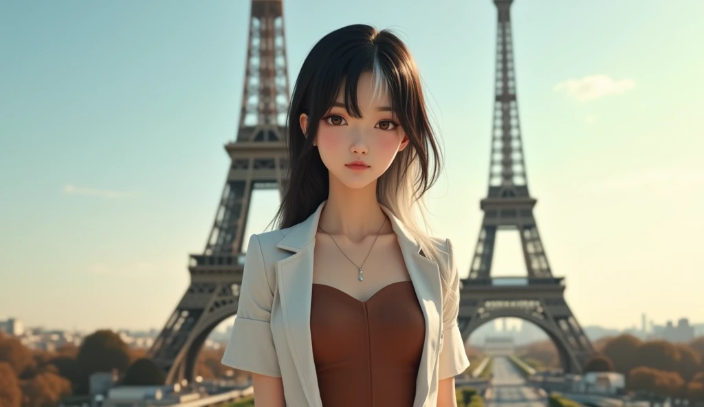 Black-haired, white-haired Korean girl wearing a brown tight-fitting long-sleeved dress wearing a white shorthaired coat. The view behind is the Eiffel Tower, bright daylight. 