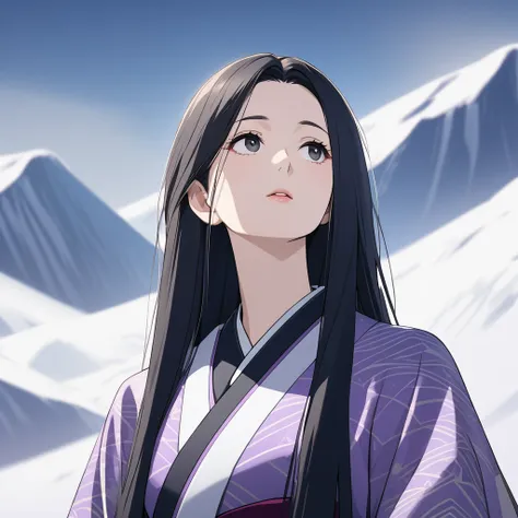 beautiful noble Japanese lady, wearing purple colored kimono, (((black straight hair, black eyes))), look up the high moutain