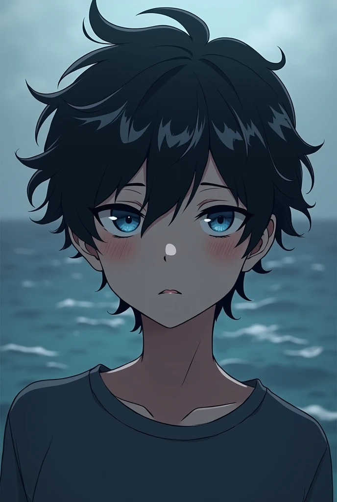  male but young anime character , blue eyes like the sea with dark circles ,  disheveled and wavy black hair with small gray locks, Look would be and tired , human,  son of Poseidon, sweater gris o negro 