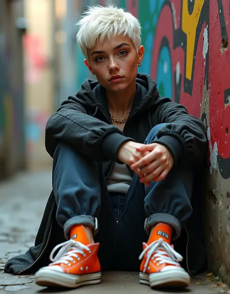 One European Girl In A Back Alley (short white hair)、(Super Detail)、(8K)、((Hip Hop Fashion))、(graffiti wall)、(full body Esbian)、(hyperdetailed face)、(Detailed feet)、(Detailed hand)、(Cool Face)、(sitting with knees arised)、(Put your hands on your knees)