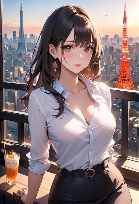 masterpiece,best quality,ultra detailed,high resolution,16k, beautiful,   1 girl,  black long hair by lla,Business shirts、 earrings for a woman alone, Outdoor、Married Woman,sunlight、Clear skies、Cafes in Tokyo、Skyscrapers in the background、 Tokyo tower 、bew...