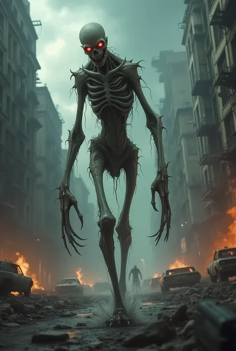 Create a terrifying horror creature walking forward menacingly through a war-torn city. The creature has an eerie, elongated humanoid form with rotting, pale skin stretched over jagged bones. Its eyes glow faintly with an unnatural red light, and its mouth...