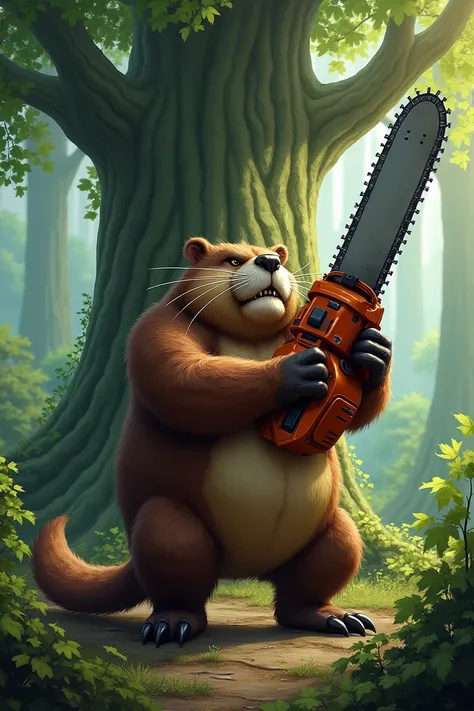 Strong beaver clutching a chainsaw large green tree
