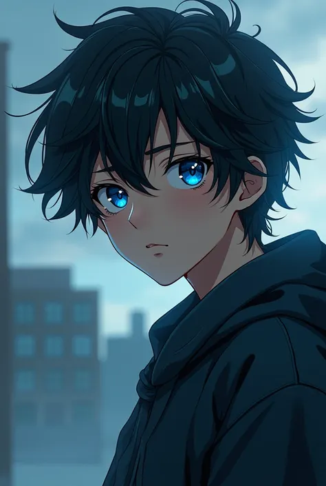 Male anime style character, blue eyes like the sea with dark circles ,  disheveled and wavy black hair with small gray locks, Look would be and tired , human,  son of Poseidon, skateboard clothing  