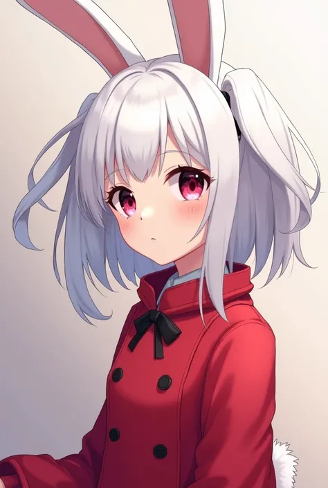  Anime character with white hair and rabbit ears wearing a red coat., Bunny girl,  with long, hanging rabbit ears , with big bunny ears, Digital art on Pixiv,   Anthropomorphic rabbit  , Arte Zerochan, detailed fanart, Soft anime illustration,  with rabbit...