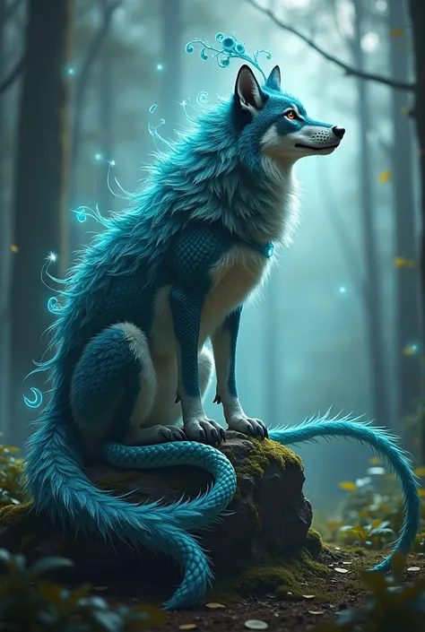 "A mystical hybrid creature that blends a wolf, a snake, and a peacock. The creature has the strong and agile body of a wolf, with its piercing eyes and sharp teeth, the scaly, sinuous tail of a snake, and a dazzling peacocks tail covered in iridescent fea...