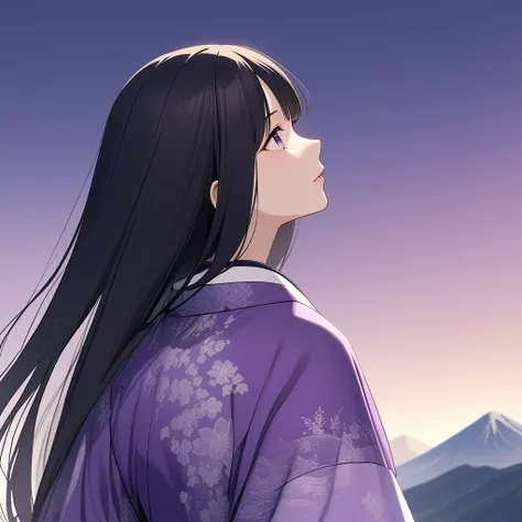 beautiful noble Japanese lady, wearing purple colored kimono, (((black straight hair))), look up the high mountain, from back angle
