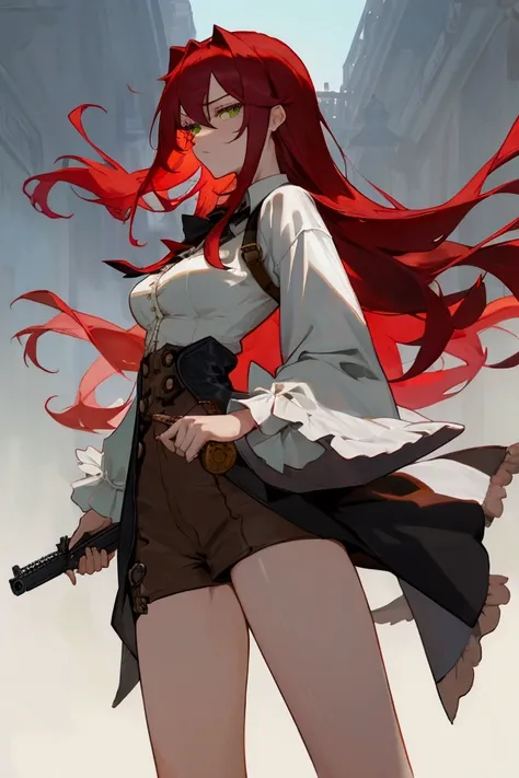 trend，cowboy，Royal sister，modern， steampunk，Alchemist，Revolver， long red hair ，Green Eyes，Big Breasts，包臀cowboy裤， Open Waist White Shirt， long legs，cowboy帽，Big Breasts，Sharpshooter，Small waist，White legs，Boots