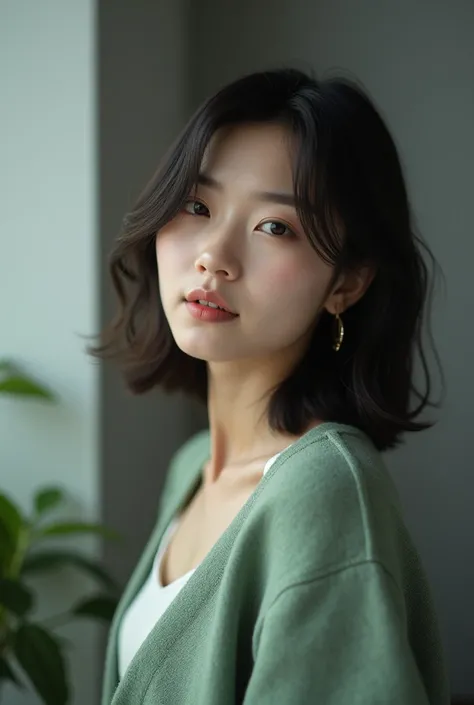 (photorealism:1.2), beautiful 25 year old  korean  woman, wearing green cardigan, a mid-short hairstyle, indoors, gray wall, relaxed pose, realistic, intricate details, (realistic), (hyperrealism),best quality, masterpiece,ultra high res, (photorealistic:1...