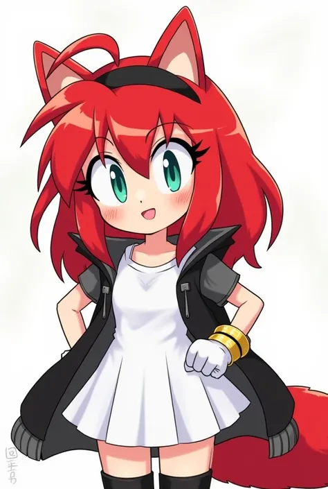 2d, from sonic,Long Hair, Bangs, red hair, spikes like sonic but red, red fox ears, average breasts, Light Smile, Simple background, From Outside, First-Person View, black headband, amy dress but in white, black jacket, black thigh high boots, gold hoop br...