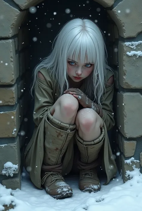 Create a beautiful , long, loose white hair, ojos azules claros. Who is in a corner of a stone wall, with torn and dirty clothes, under the snow hugging his knees. 