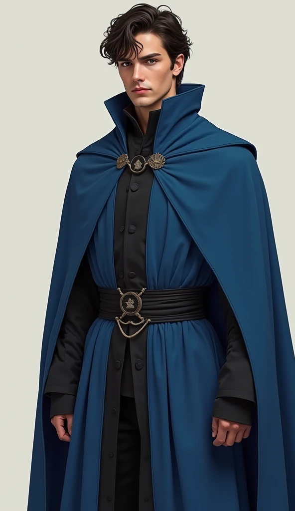  is 20 years old, Do it with a neutral expression ,  a long blue tunic with black details on the belts ,  the cape covers the waist and part of the mouth ,  but he has black pants under his cape ,  his hair is smooth and slightly wavy and disheveled, o man...