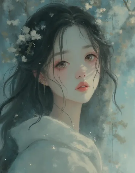   A very detailed depiction of a young Asian woman  ,  The Pale  ,   The Graceful Character  ,  Gives Her An Angelic Look .   For Her Expressive Eyes 、 full of innocence and wonder that enhances softness  ,   The tone of her hair and skin  .  She wears som...