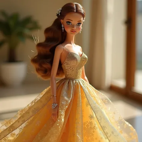 Elegant Barbie in a gold dress, plano general, Respecting the features of Babies dolls