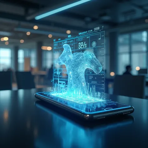 " A futuristic smartphone projecting holograms in a modern office, precise details in holographic graphics ,  reflections on the screen and realistic textures on the device ."