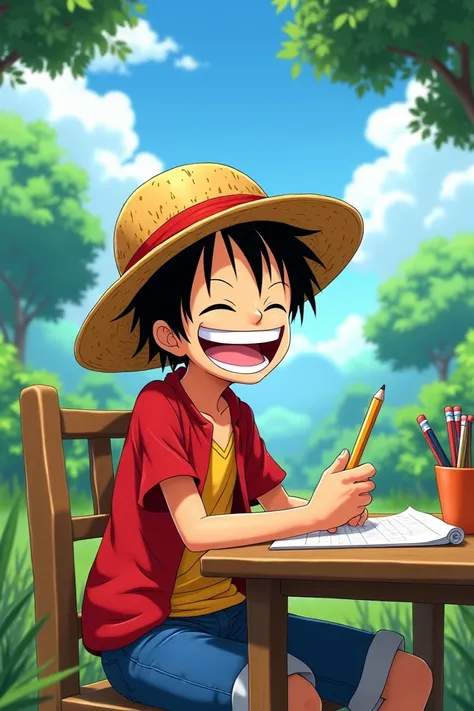 luffy holding a pencil, sitting outside with a table laughing,

