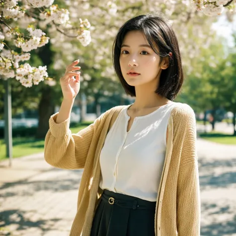 A hyper-realistic image of a young Japanese woman in her early 20s, holding a vintage camera up to her eye as she peers through the viewfinder with focus and curiosity. She is dressed in a light, spring-inspired outfit, featuring a flowing blouse with deli...