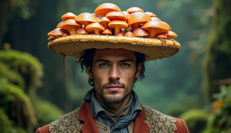 6K quality ，Very realistic的照片，A man with mushrooms on his head ， A person has a big mushroom on his head ，watercolor and ink, beautiful detailed, soft and smooth, Wet moss , colorful， very realistic photo of him facing the camera frontal ， super good-looki...