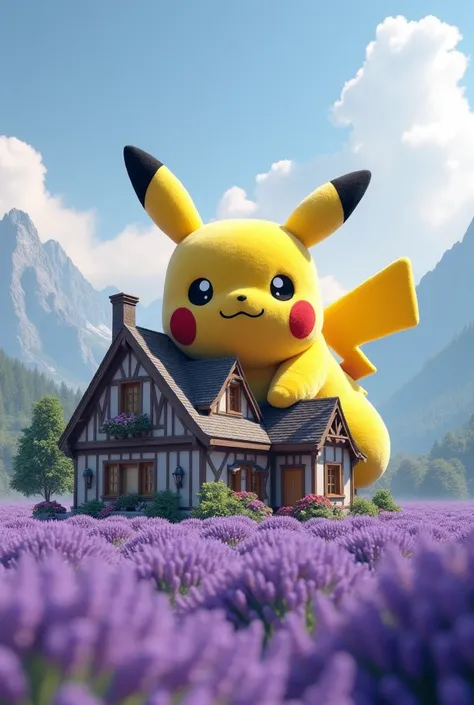 giant plush Pikachu, lying on a house, in a lavender field, surrounded by misty mountains, hyperrealistic landscape, ultra high quality 