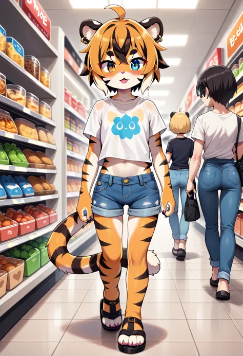 masterpiece, high resolution, best quality, (furry tiger girl, baby body, baby height, flat chest, animal face, animal skin, ani...