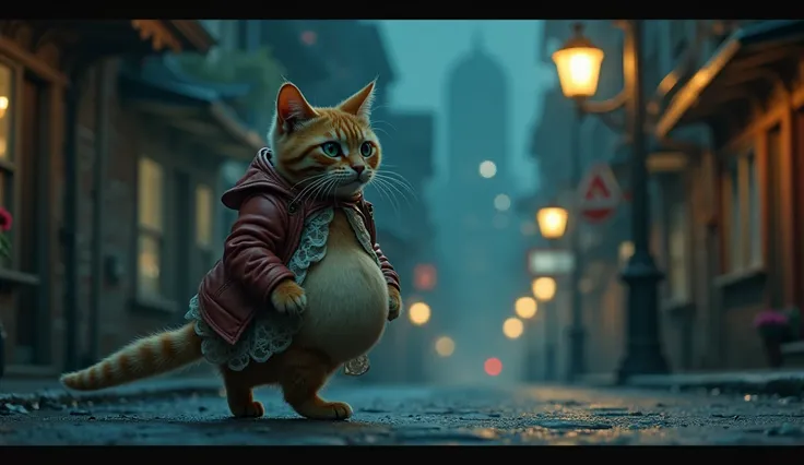 A pregnant lady cat wearing clothes roming at night street

