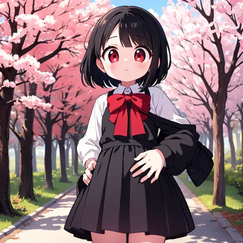 A very young Loli girl, short split color hair black & white, red eyes, wearing a school uniform standing next to a cherry tree with a gorgeous forest view
