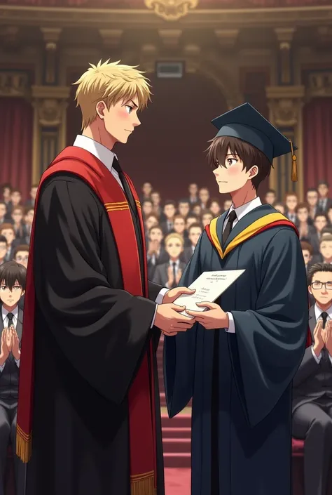 In graduation day a man teacher giving degree to his student and every man around is clapping no girls. Anime pic look realistic