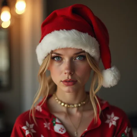 beautiful,1  ((Taylor Swift)),alone, ponytail hair , looking at the viewer , highlighted blue eyes,  blond hair ,jewelry,parted lips,photo Brian Ziff ,collar,blurry,lips, blurred background,realistic,nose,sorriso sexy, Christmas pajama clothes,  large Chri...