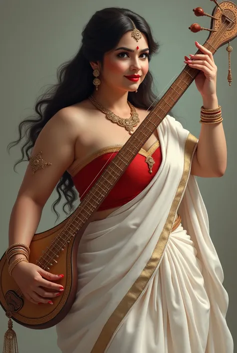 Indian curvy figure beautiful body weight Curves goddess Saraswati Mata curvy hand with music Harp Veena red lips red strapless blouse with white silk saree dress Saraswati goddess statue