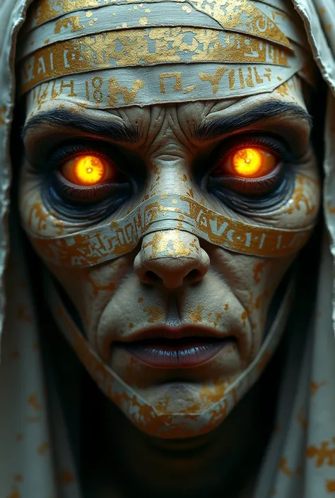 "( better quality , high resolution),Close-up of a mummy&#39;s face,covered in bandages with golden hieroglyphs,(Detailed:1.1),(Bright and intense colors:1.1),(realistic:1.1) realistic art style,frightening,eye sockets with bright golden eyes,Detailed wrin...