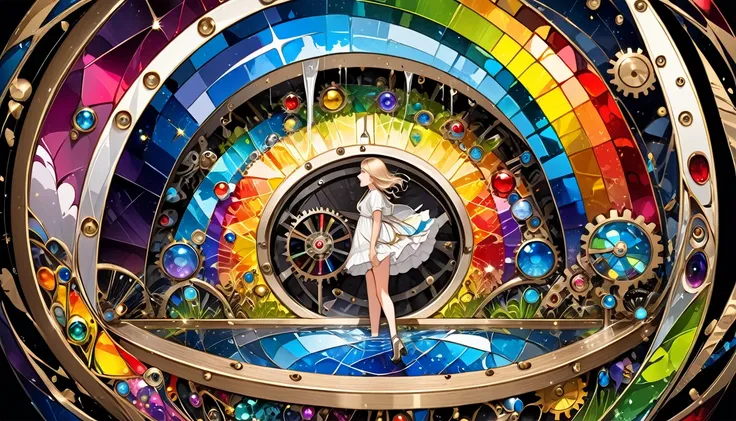  best quality, Super fine, 16k,  Extremely Absurd ,  Very detailed, Delicate and dynamic ,  Stained Glass Kaleidoscope made of gemstones of various colors, With mechanical mechanism, Clockwork mechanism, and gear mechanism,  BLACK AND WHITE GIRL PEEING INT...