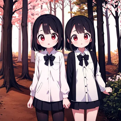 A very young Loli girl, short split color hair black & white, red eyes, wearing a school uniform standing next to a cherry tree with a gorgeous forest view
