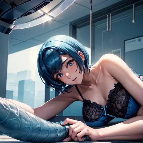     woman lying on her back on an operating table　 (((    a woman has a penis between her legs     )))     blue hair 　 Machine shaped like the upper body of a 　Legs open 　Black lace outfit 　Im shaving my blue pubic hair　 shirtless