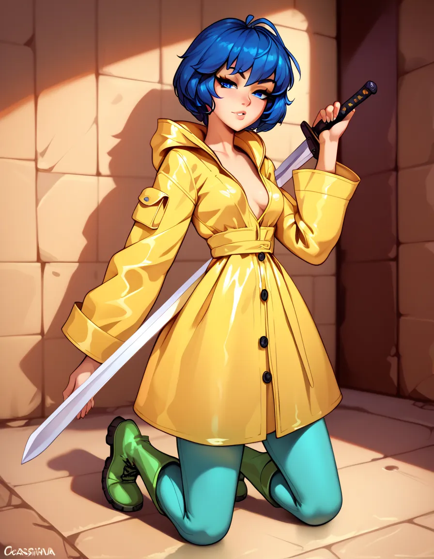 1 female, perfect, best quality, highres, caucasian, blue hair, short hair , , blue eyes, closed yellow raincoat, baggy raincoat...