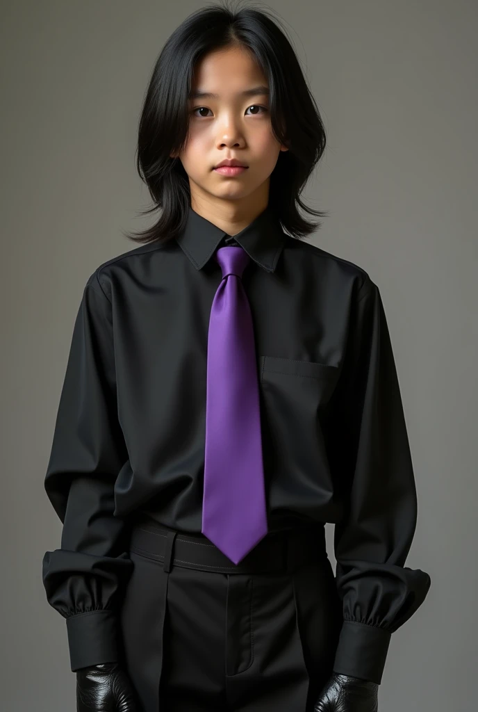 Live Action pre teen Asian boy with Long black Shoulder-Length Hair, Wearing a LONG Sleeved, Baggy Black Dress shirt Properly Tucked in With The Sleeves Covering the Palms and Purple tie tied Tightly around his neck and Black Kacey Long Pants. With Black L...