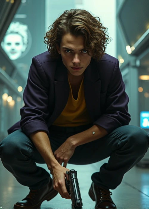 realistic portrait, young male joker, curly brown hair, naughty face, crouching, playing with a short gun, sci-fi background