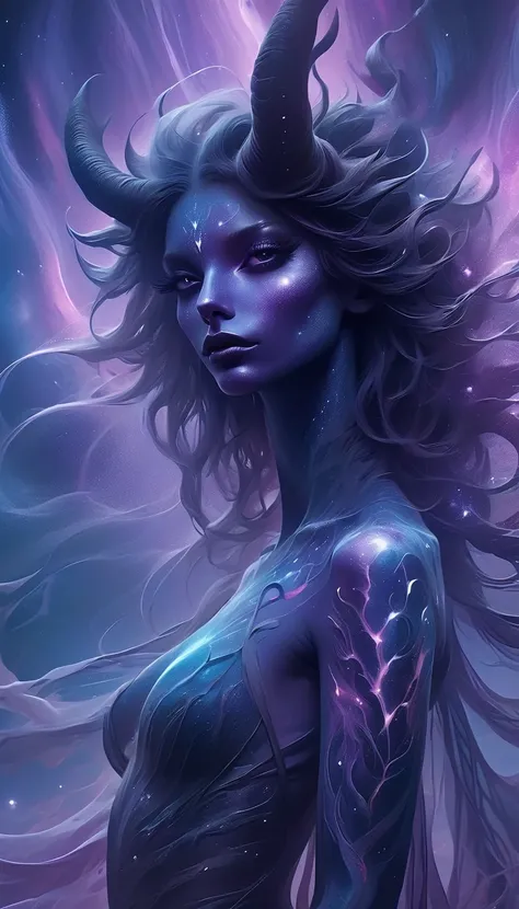 Highly detailed, cosmic Gothic surrealism, (she-demon:1.5), ashen skin with subtle iridescent purple highlights, piercing glowing violet eyes, and sharp elongated fangs. Her flowing dark hair shimmers with streaks of cosmic energy, cascading in twisting wa...