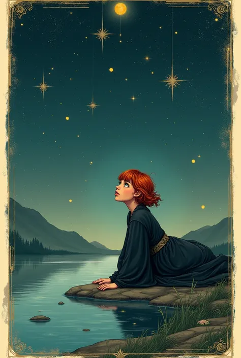 Create a tarot art , a carta the the stars.  The cartoon is a woman with short wavy red hair and bangs,  green eyes,  witchs black clothing , lying on the edge of a lake looking at an all-starry sky 