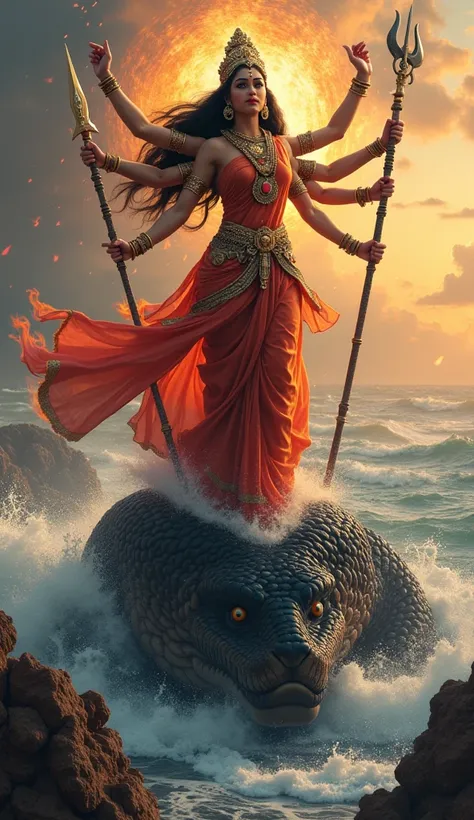 Make a photo of Lord Durga Devi in full saree  standing on head of searpent black in colour in a sea with a falling fire rocks, multiple hands 