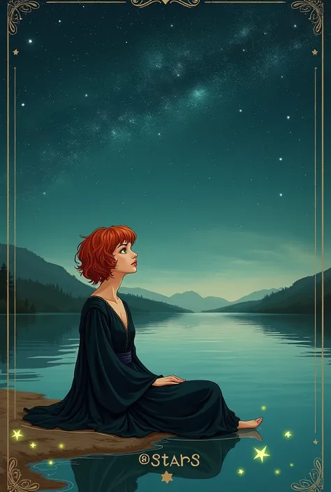 Create a tarot art , a carta the the stars.  The cartoon is a woman with short wavy red hair and bangs,  green eyes,  witchs black clothing , lying on the edge of a lake looking at an all-starry sky 