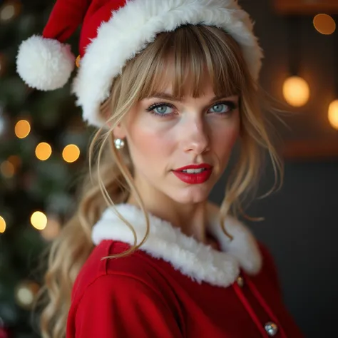 beautiful,1  ((Taylor Swift)),alone, ponytail hair , looking at the viewer , highlighted blue eyes,  blond hair ,jewelry,parted lips,photo Brian Ziff ,collar,blurry,lips, blurred background,realistic,nose,sorriso sexy, Christmas pajama clothes,  large Chri...