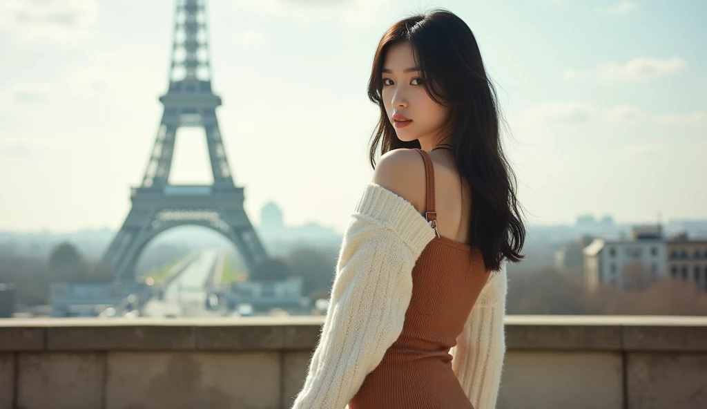 Black haired white Korean girl wearing a brown tight-fitting dress wearing a white wool sweater, wearing brown boots, sexy, rear view is the Eiffel Tower, bright daylight, faint fog looking at the camera.