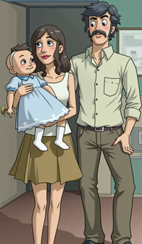  A family posing on a white background .  It is composed of a man ,  a woman and a baby . the woman has long hair,  wears a white sleeveless blouse and a brown skirt . The man,  with wavy hair and mustache ,  wears a long sleeve beige shirt and brown pants...