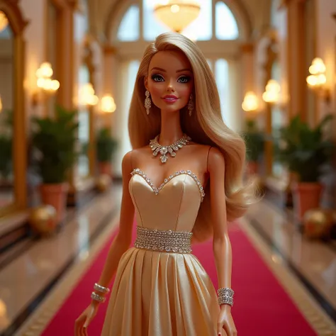 Barbie,  dressed in an elegant champagne-colored silk dress and diamond jewelry,  poses gracefully at the entrance of a luxury hotel .  The setting includes large mirrors with golden frames , crystal chandeliers and luxurious red carpets . The photo, in ge...